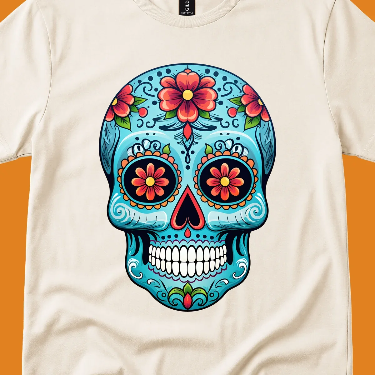 A vibrant sugar-skull-calavera illustration with intricate blue, red, orange, yellow, and green floral patterns.
