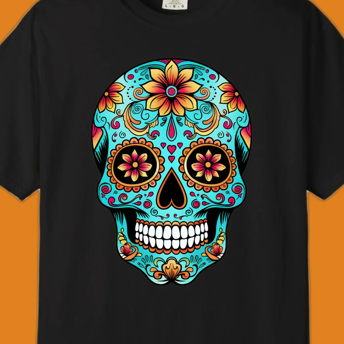 A vibrant, ornate floral calavera sugar skull illustration in teal, orange, gold, and pink on a black background.