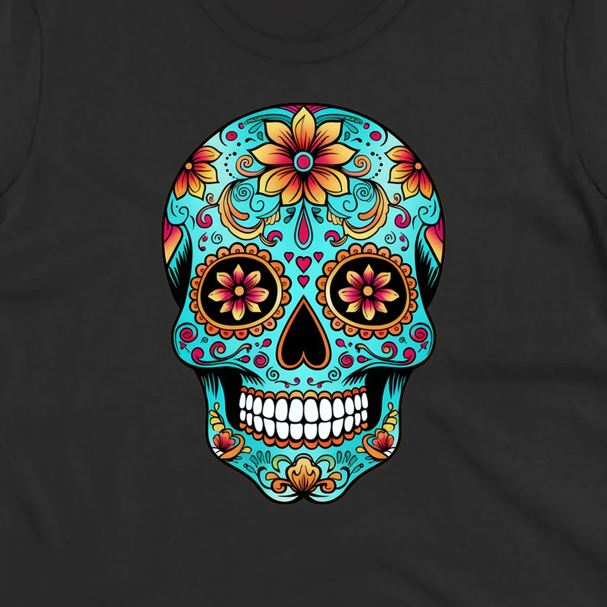A vibrant, ornate floral calavera sugar skull illustration in teal, orange, gold, and pink on a black background.