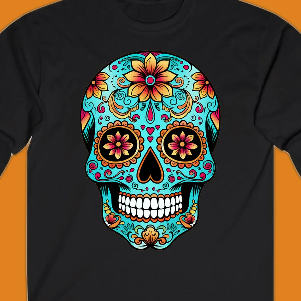 A vibrant, ornate floral calavera sugar skull illustration in teal, orange, gold, and pink on a black background.
