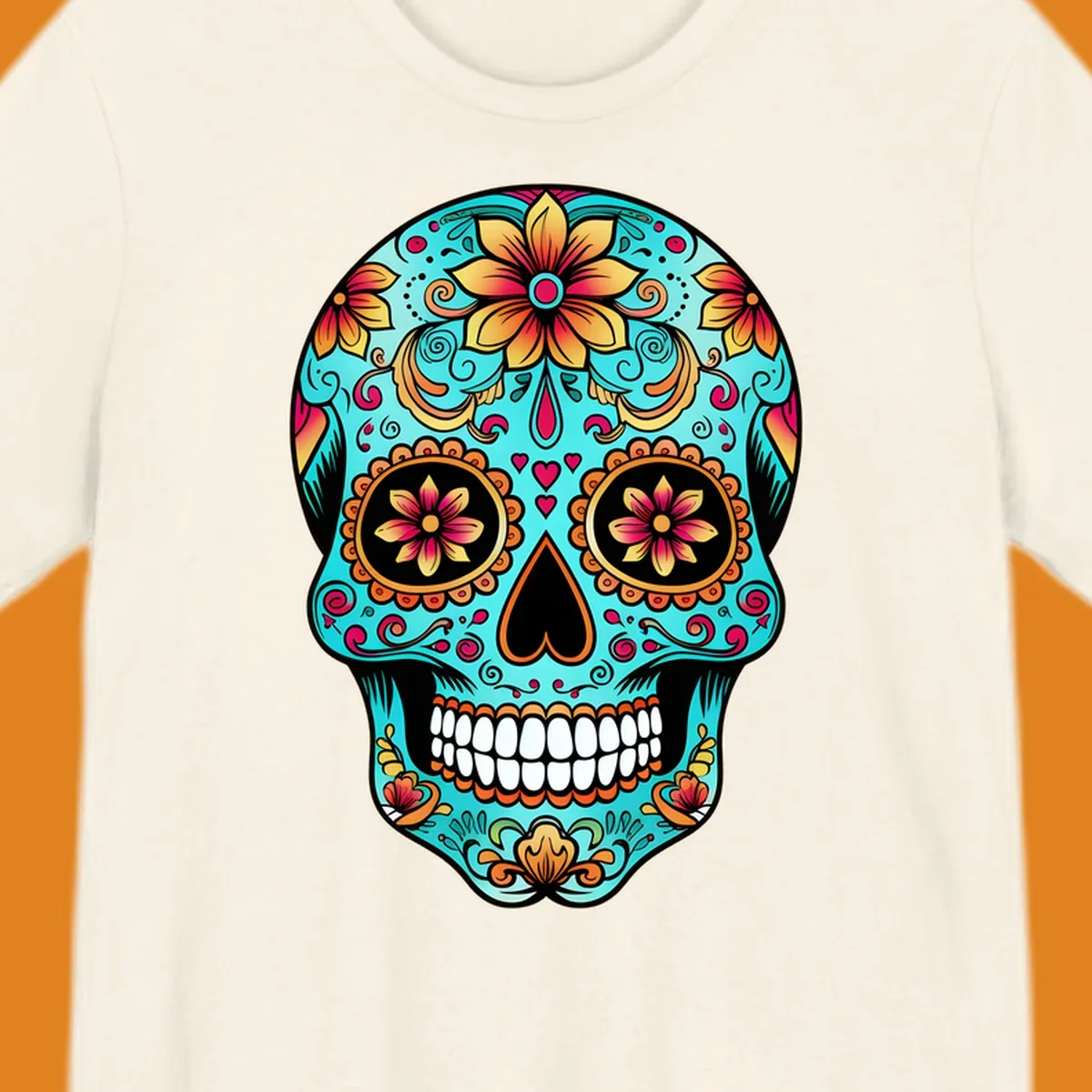A vibrant, ornate floral calavera sugar skull illustration in teal, orange, gold, and pink on a black background.