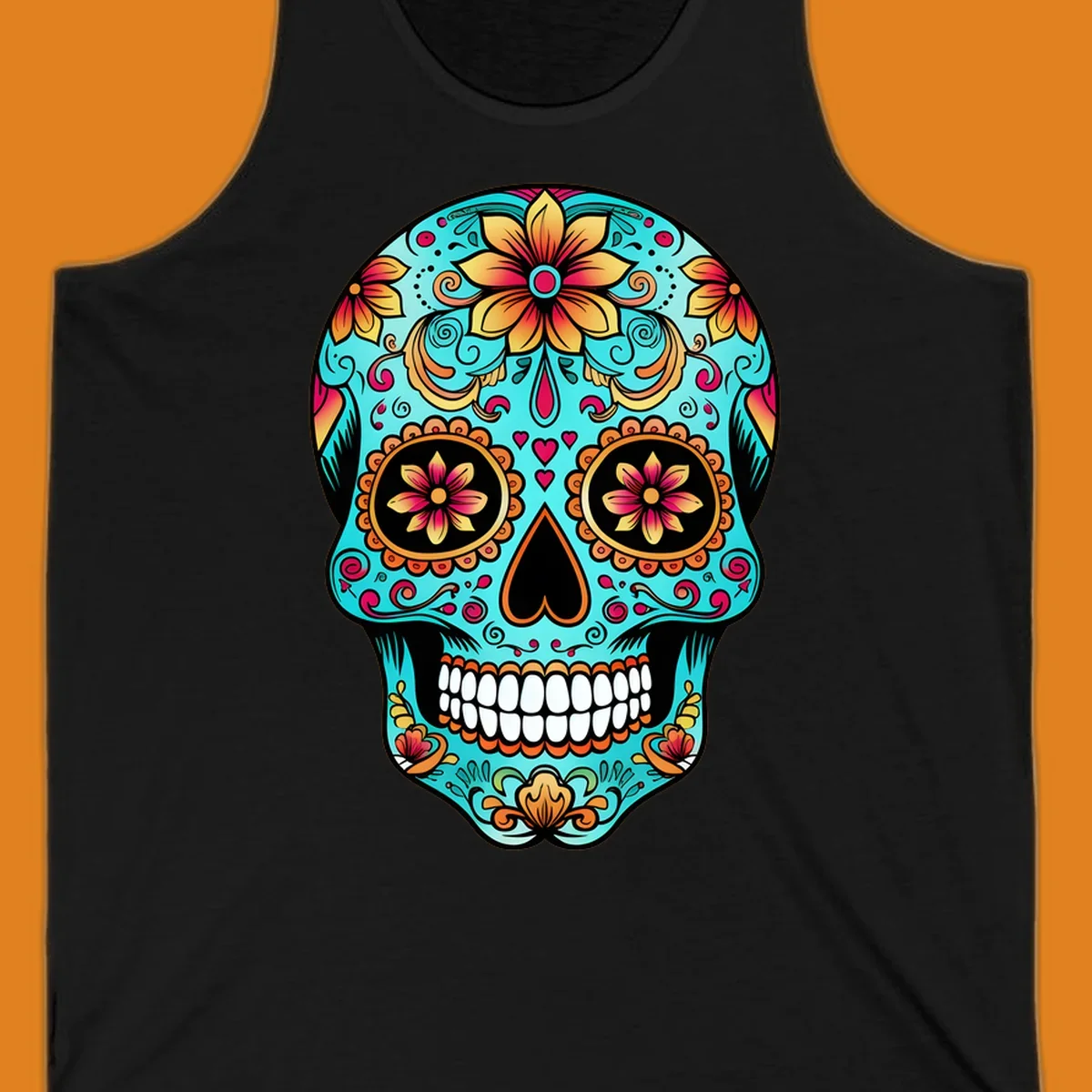 A vibrant, ornate floral calavera sugar skull illustration in teal, orange, gold, and pink on a black background.