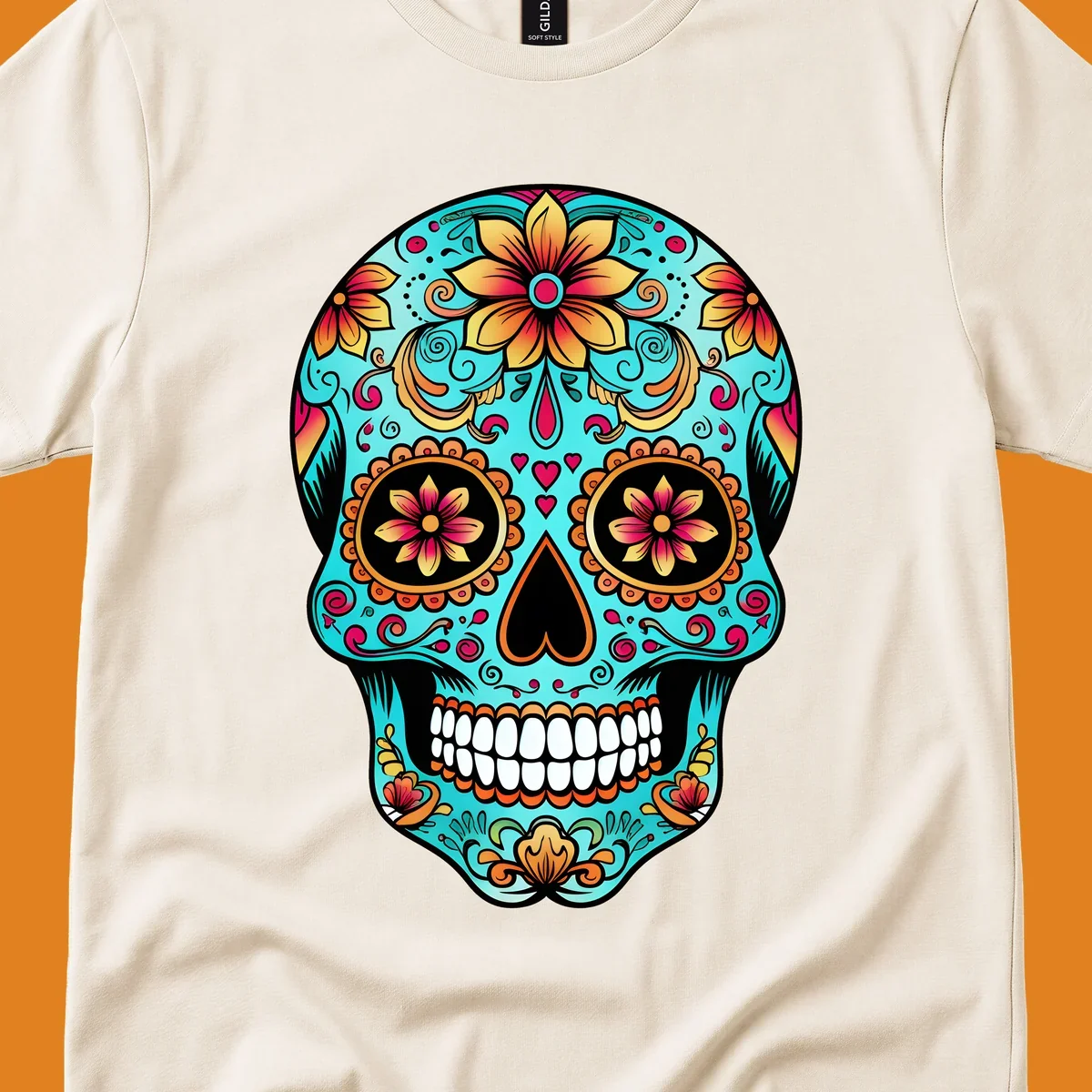 A vibrant, ornate floral calavera sugar skull illustration in teal, orange, gold, and pink on a black background.