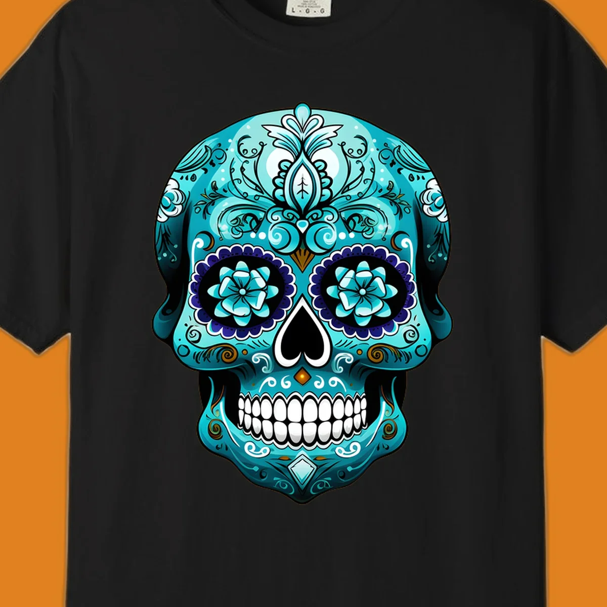 An ornate teal calavera skull design with intricate blue and white floral patterns and gold accents, featuring flower eyes.