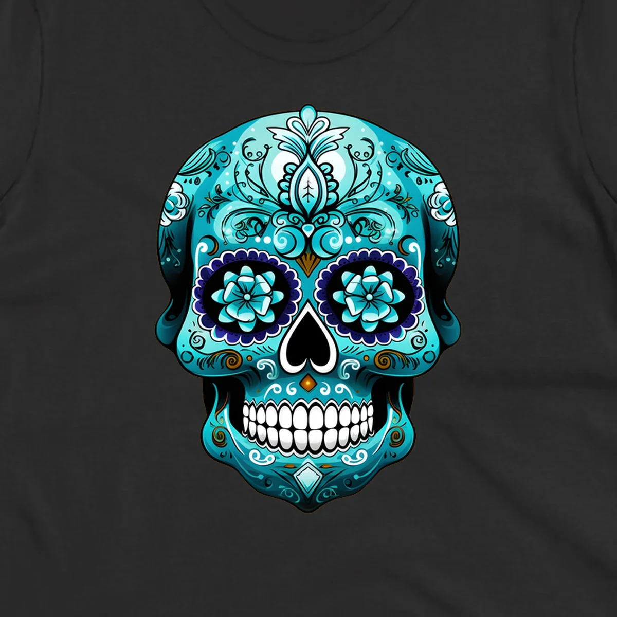 An ornate teal calavera skull design with intricate blue and white floral patterns and gold accents, featuring flower eyes.