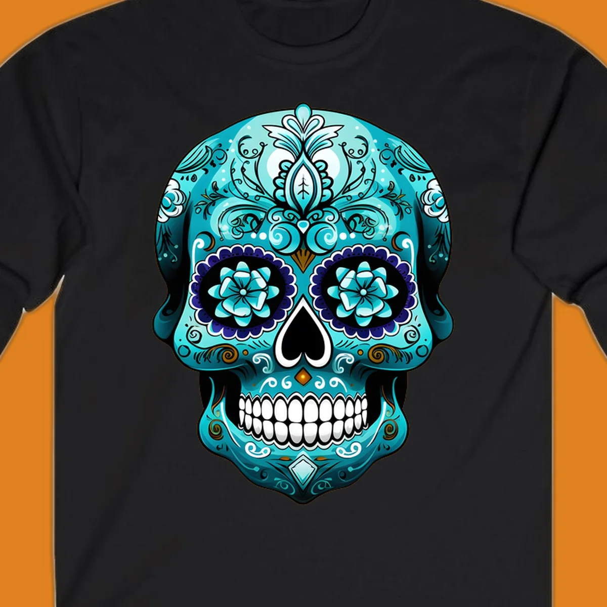 An ornate teal calavera skull design with intricate blue and white floral patterns and gold accents, featuring flower eyes.
