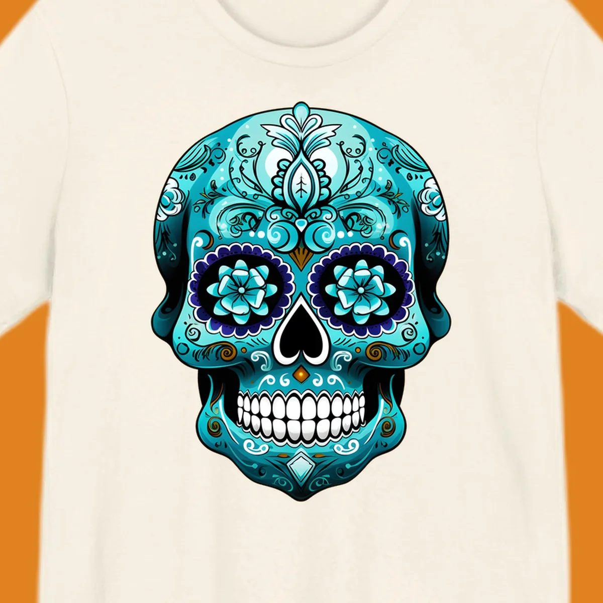 An ornate teal calavera skull design with intricate blue and white floral patterns and gold accents, featuring flower eyes.