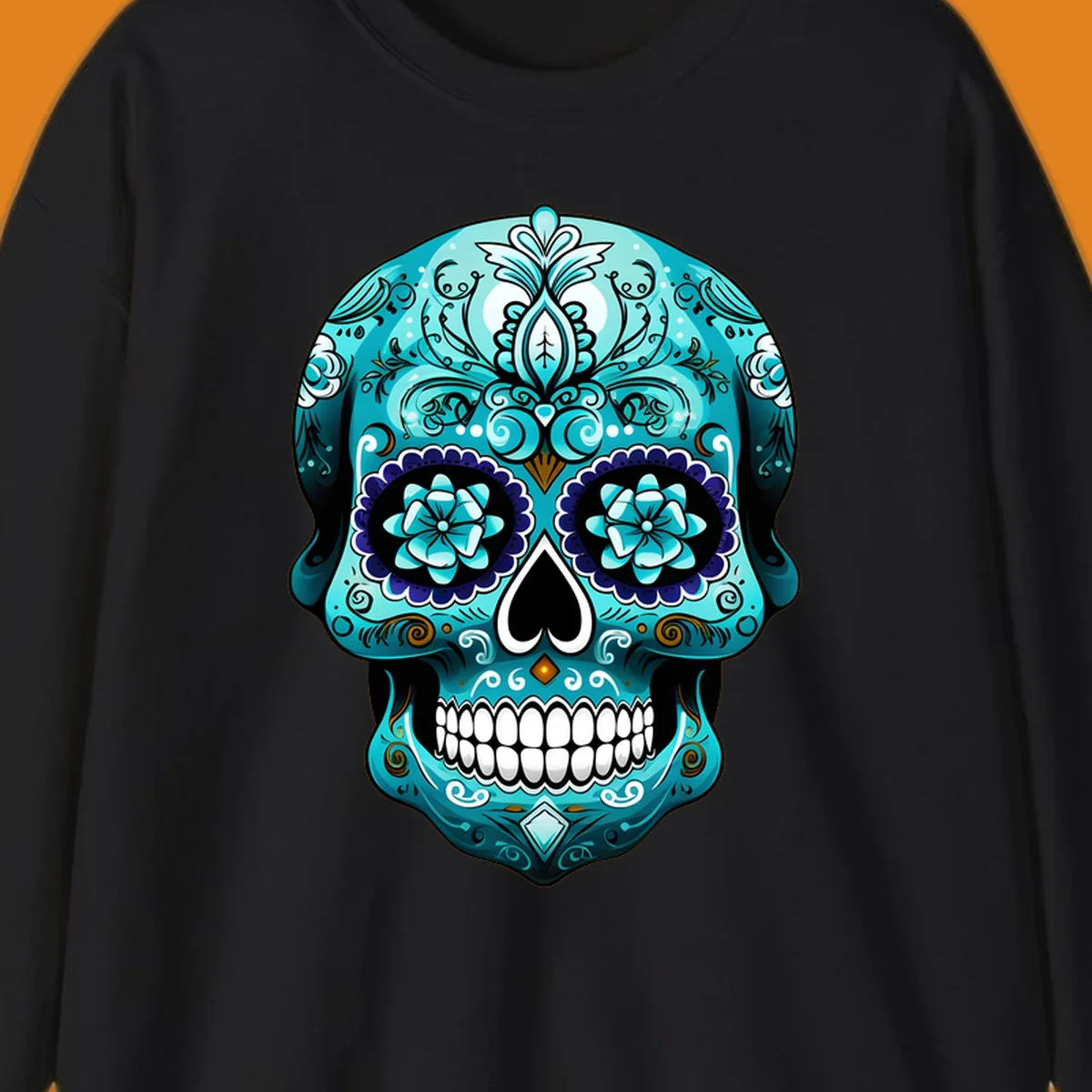 An ornate teal calavera skull design with intricate blue and white floral patterns and gold accents, featuring flower eyes.