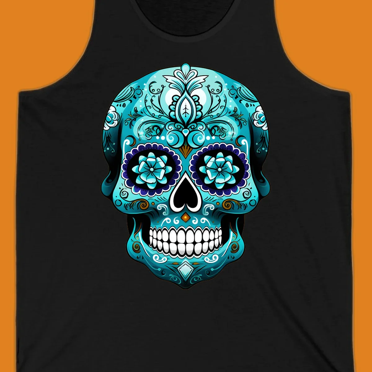 An ornate teal calavera skull design with intricate blue and white floral patterns and gold accents, featuring flower eyes.