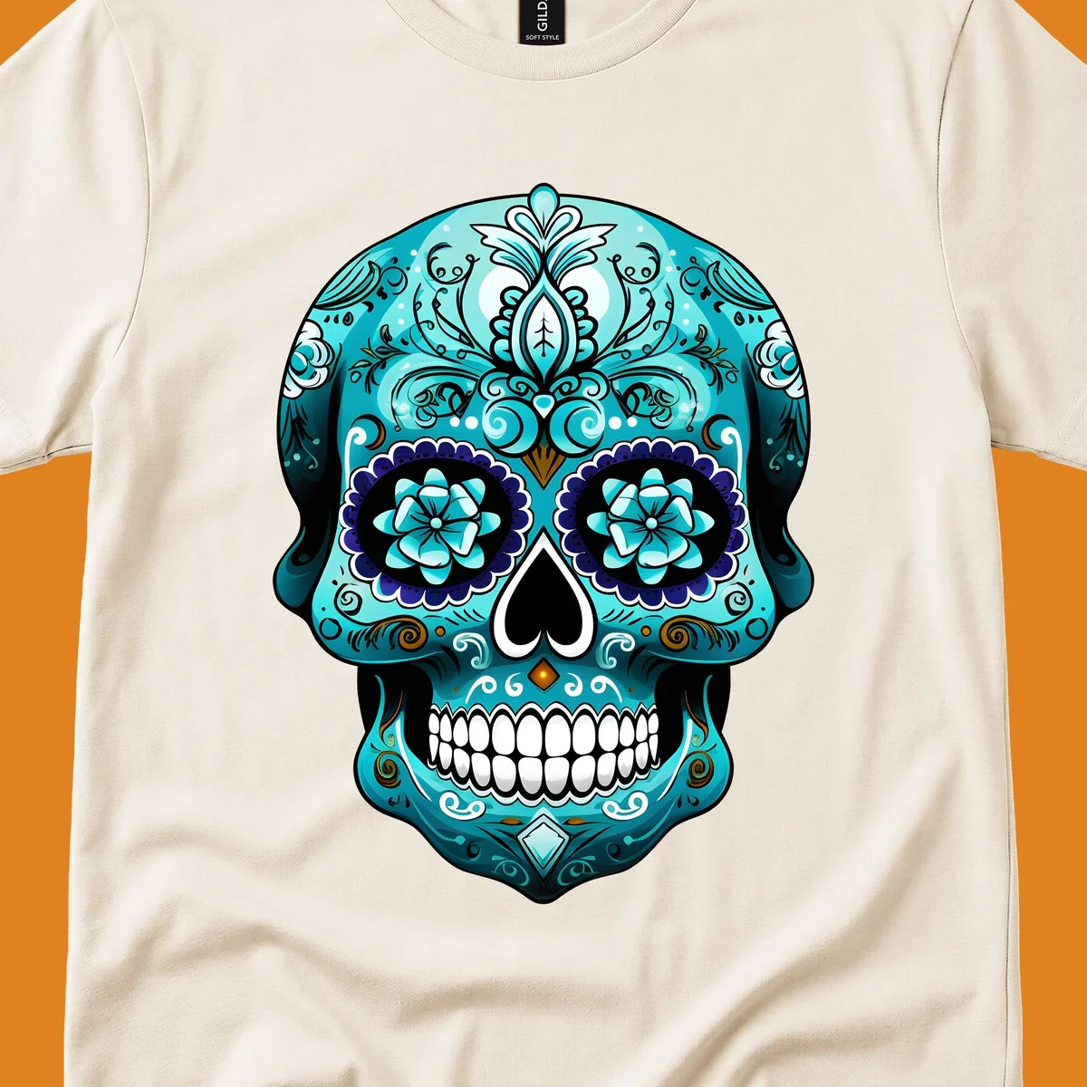 An ornate teal calavera skull design with intricate blue and white floral patterns and gold accents, featuring flower eyes.