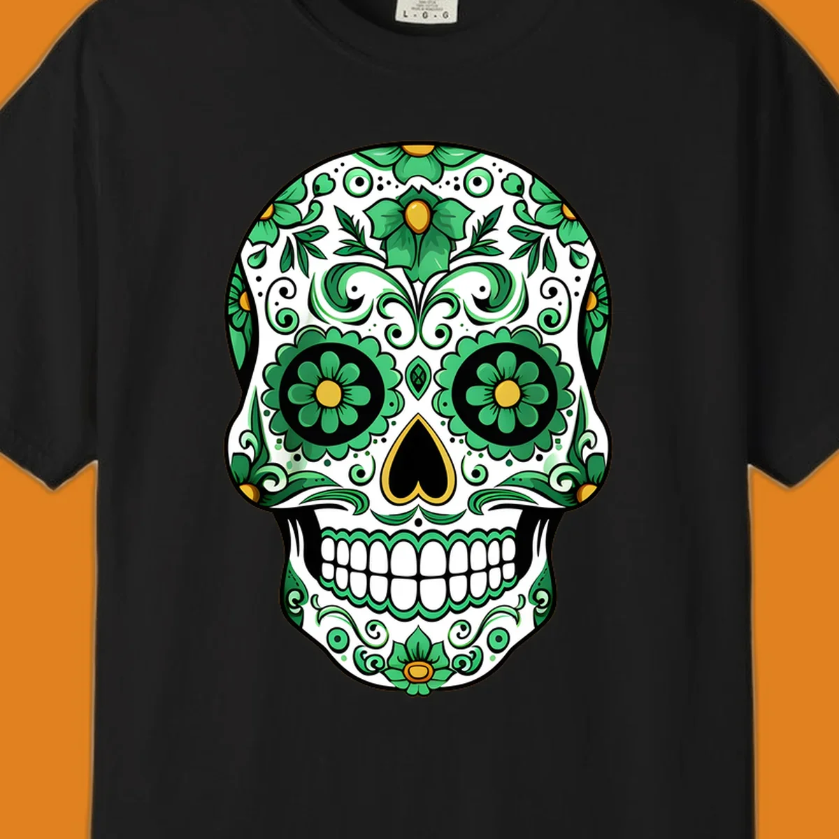 An ornate emerald calavera skull with intricate green floral patterns and gold accents on a white background.