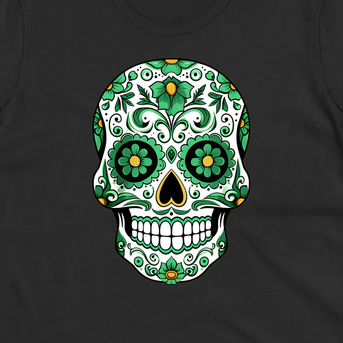 An ornate emerald calavera skull with intricate green floral patterns and gold accents on a white background.