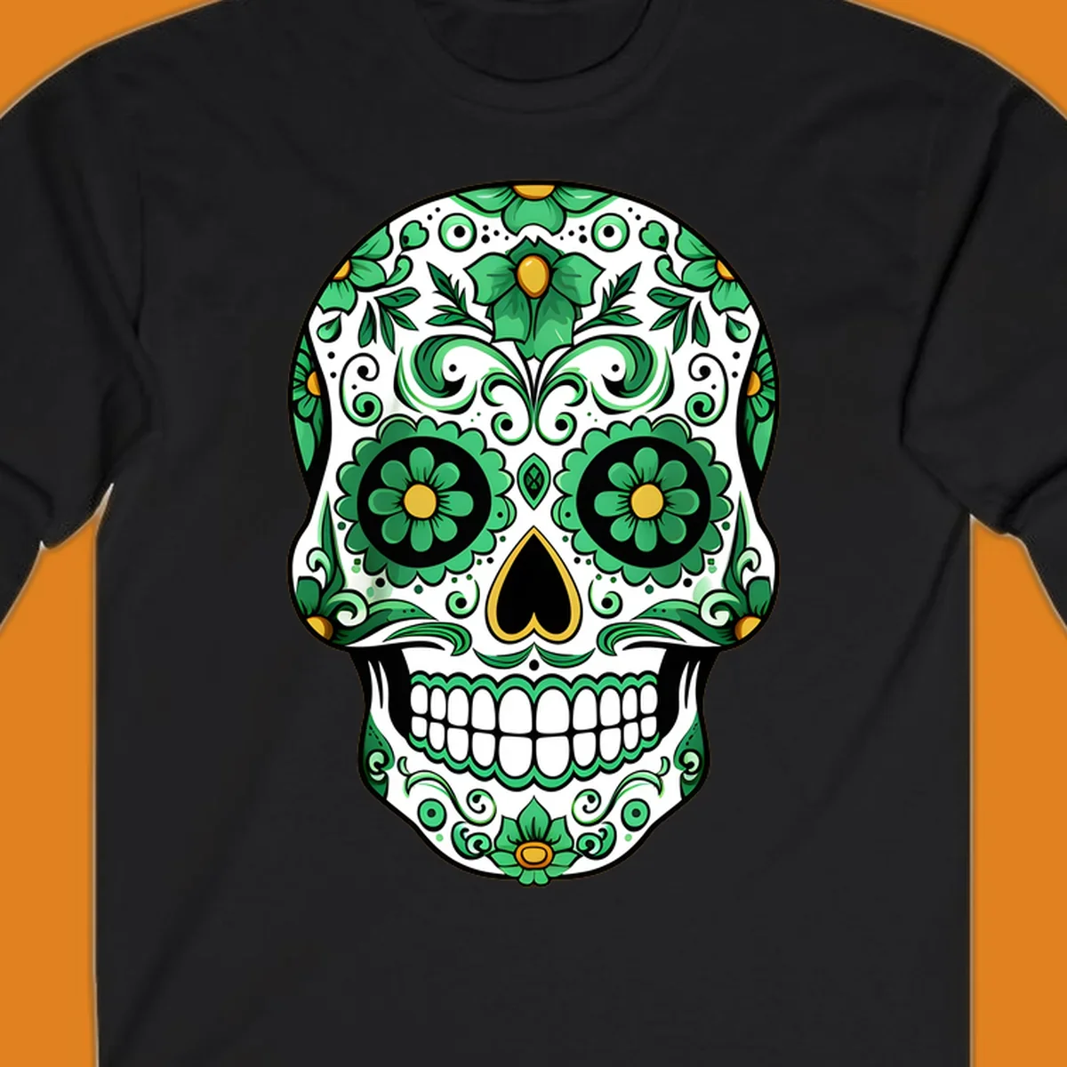 An ornate emerald calavera skull with intricate green floral patterns and gold accents on a white background.