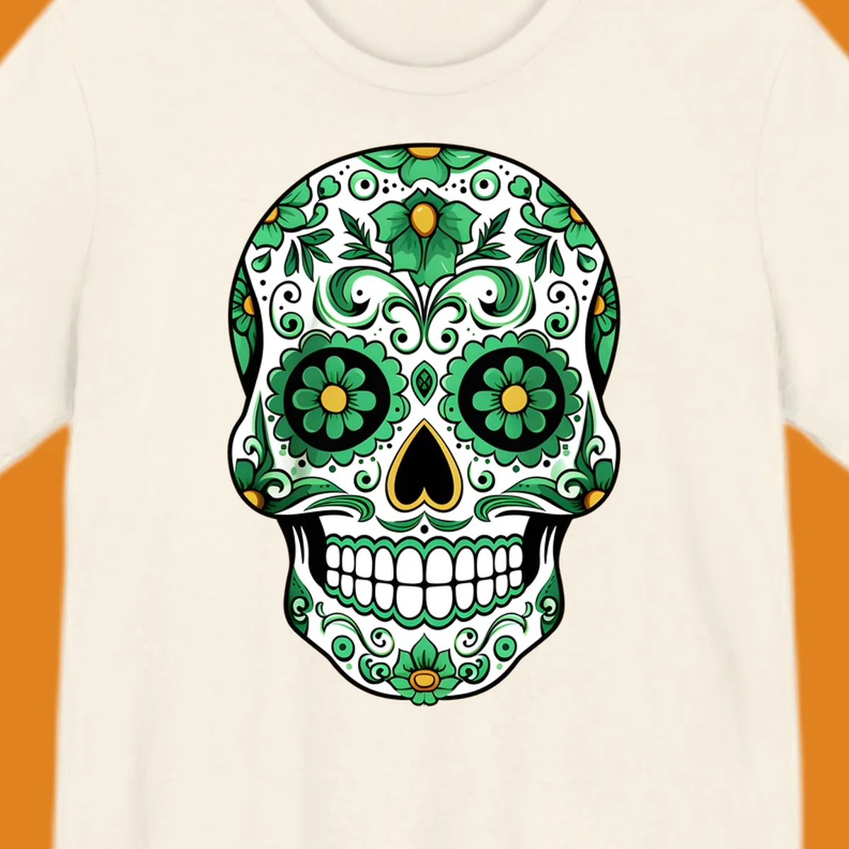 An ornate emerald calavera skull with intricate green floral patterns and gold accents on a white background.