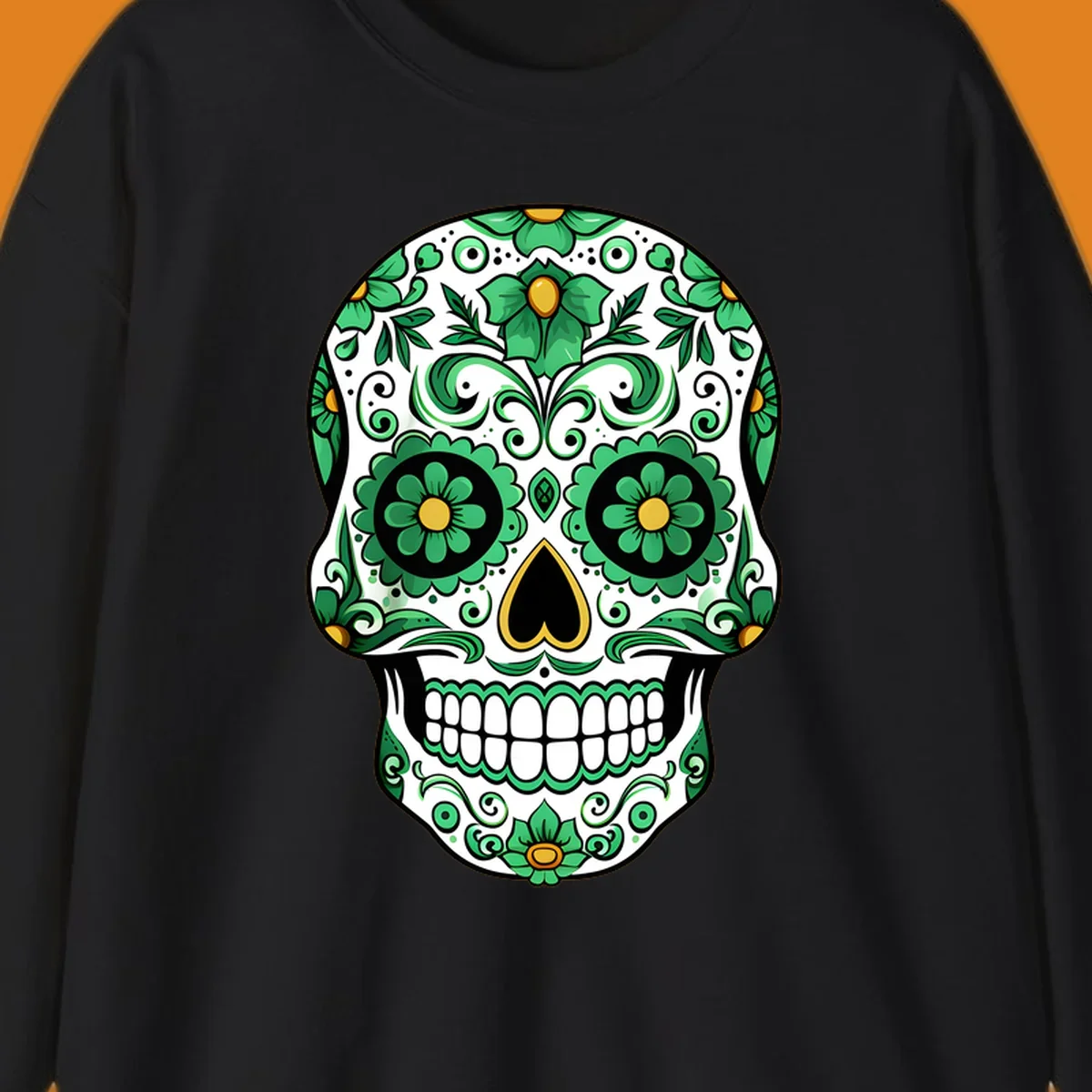 An ornate emerald calavera skull with intricate green floral patterns and gold accents on a white background.