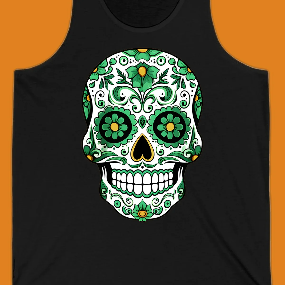 An ornate emerald calavera skull with intricate green floral patterns and gold accents on a white background.