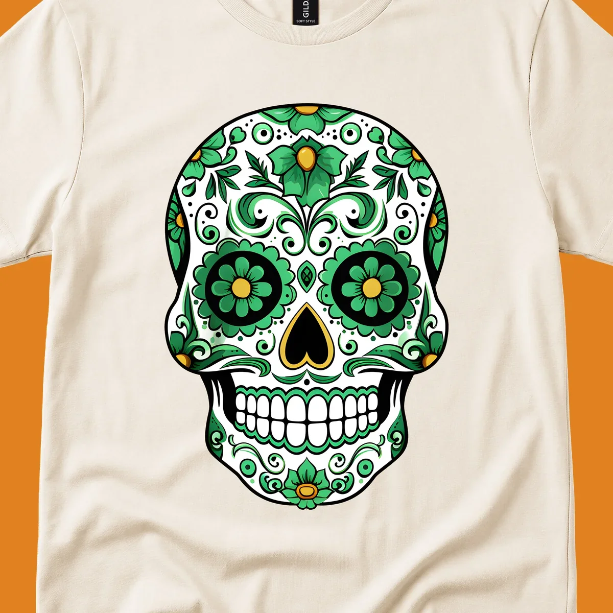 An ornate emerald calavera skull with intricate green floral patterns and gold accents on a white background.