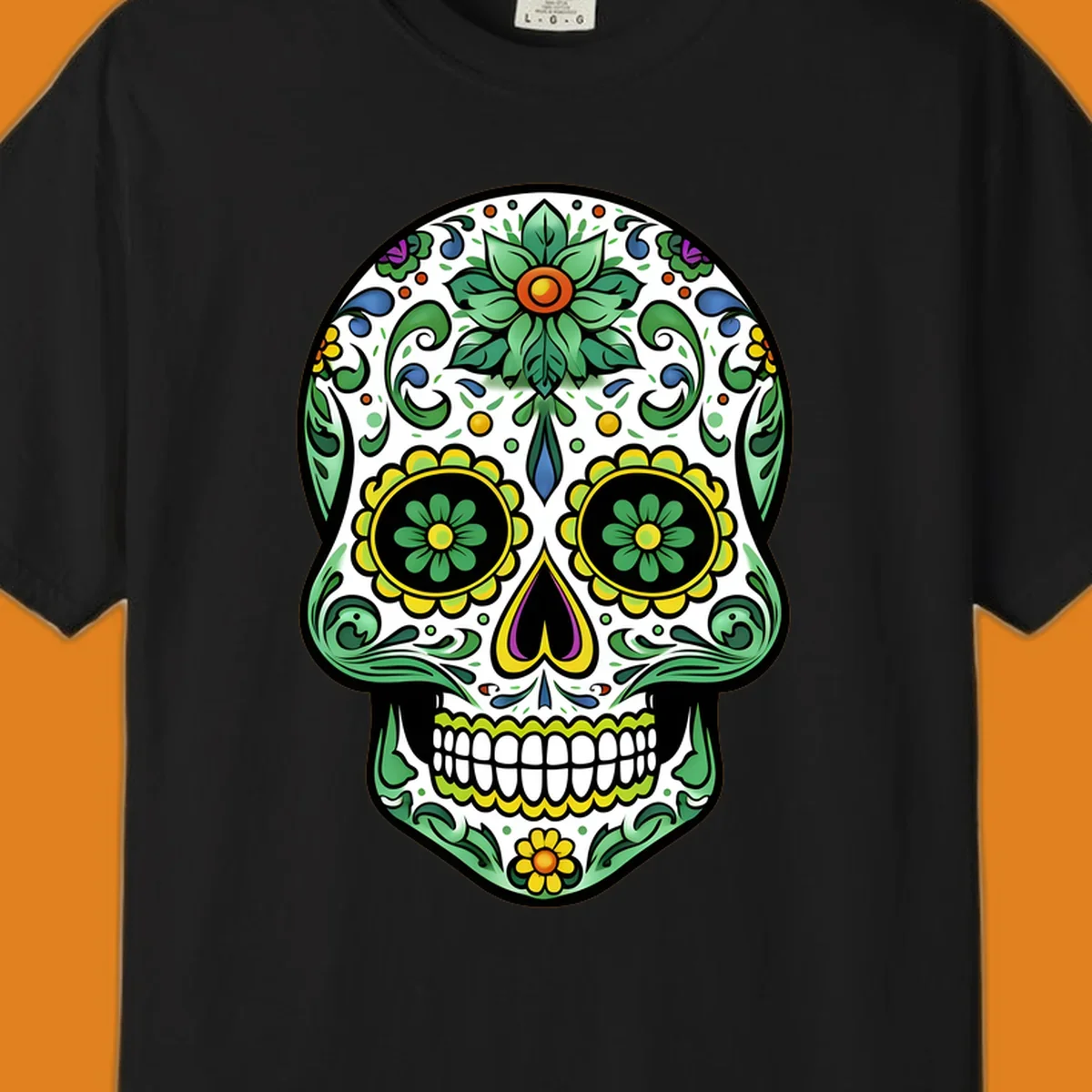 A colorful ornate calavera skull illustration with green leaves, yellow flowers, and purple and blue accents.