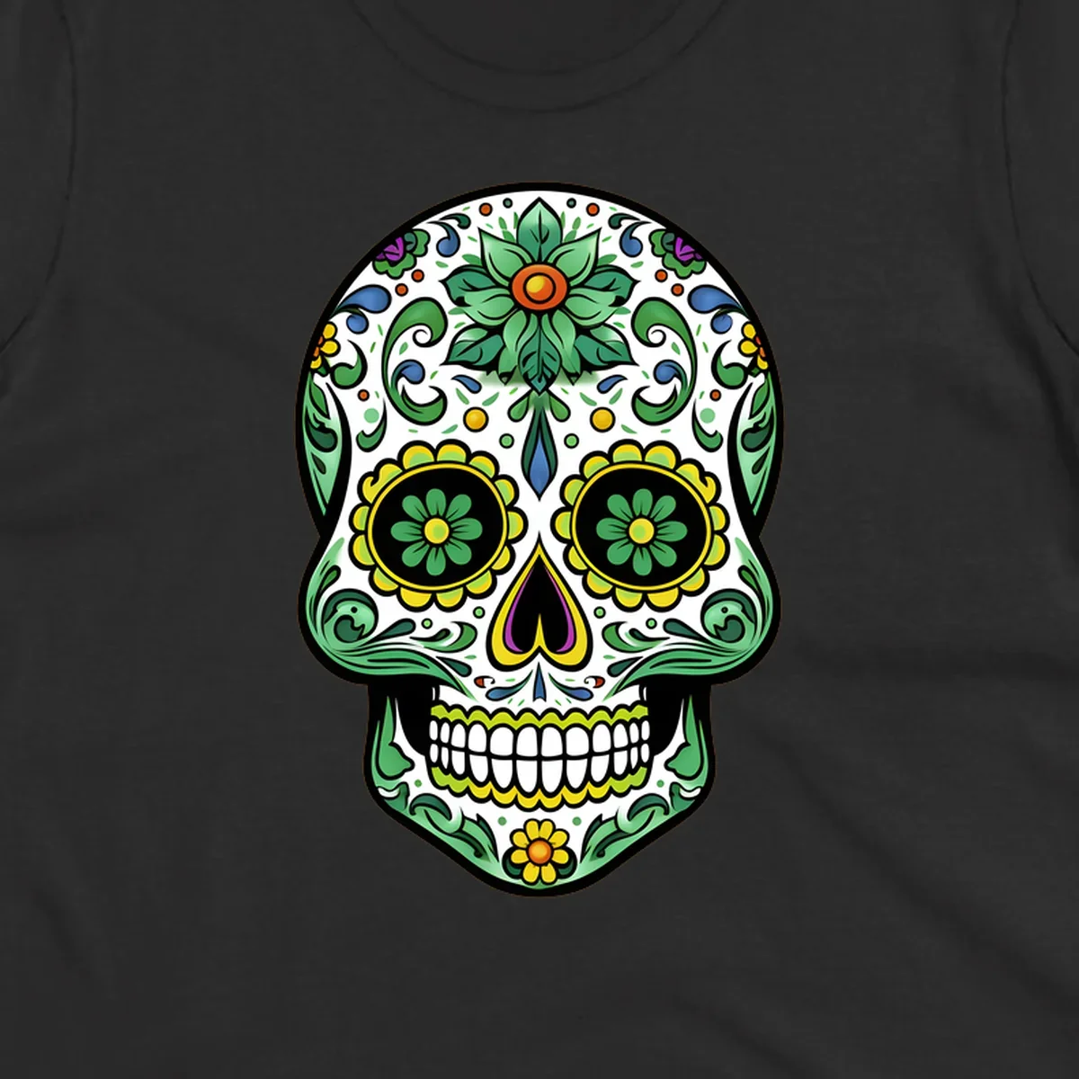 A colorful ornate calavera skull illustration with green leaves, yellow flowers, and purple and blue accents.