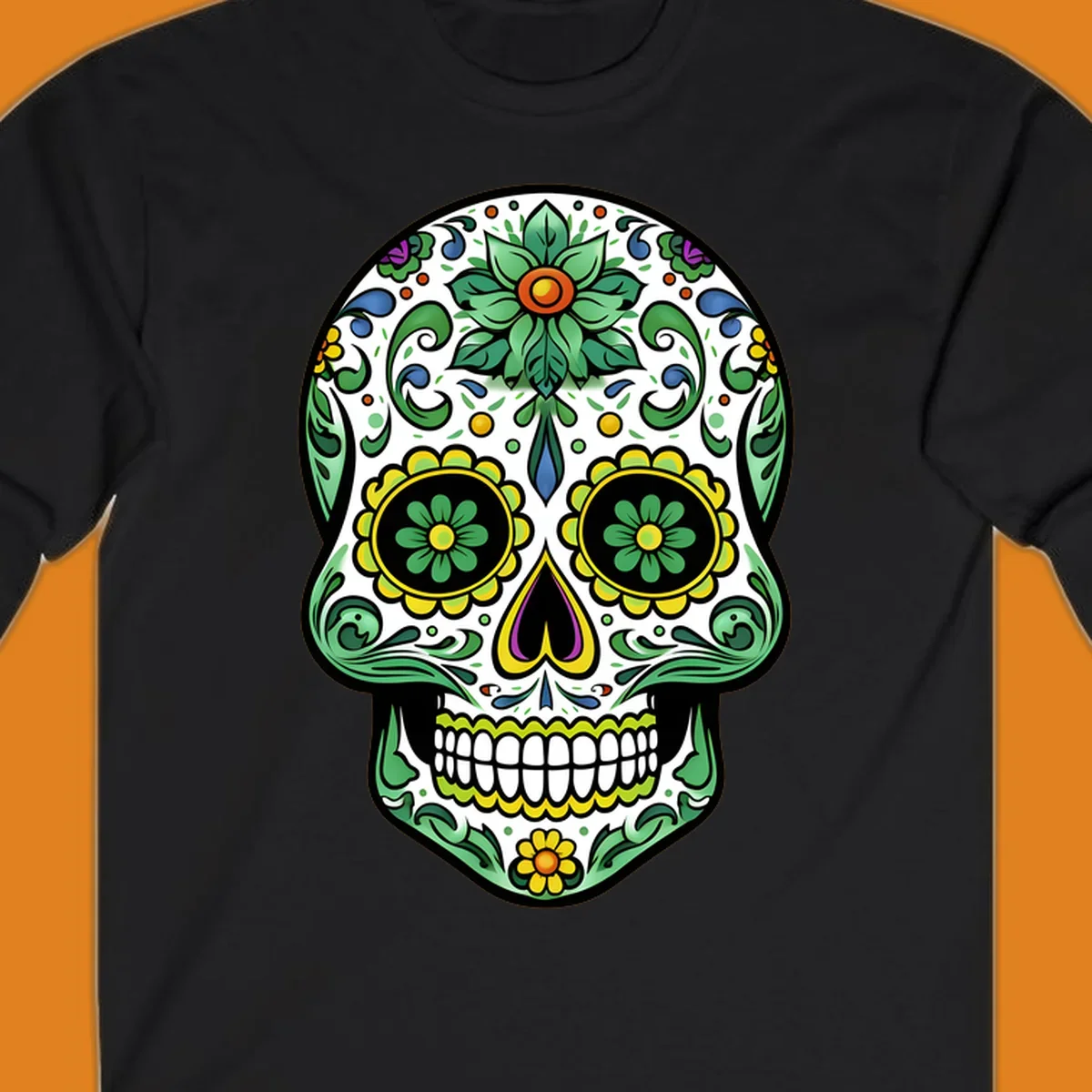 A colorful ornate calavera skull illustration with green leaves, yellow flowers, and purple and blue accents.