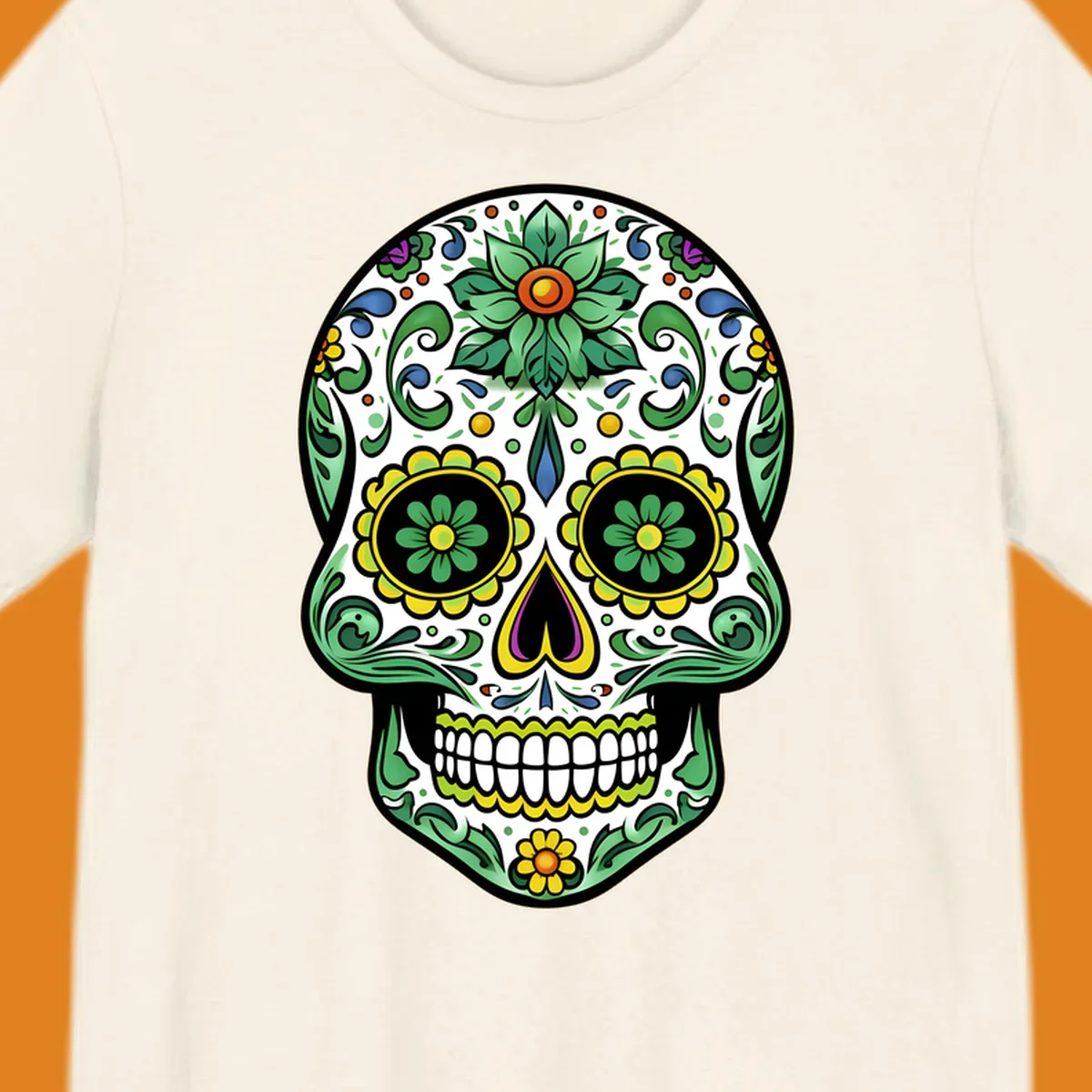 A colorful ornate calavera skull illustration with green leaves, yellow flowers, and purple and blue accents.