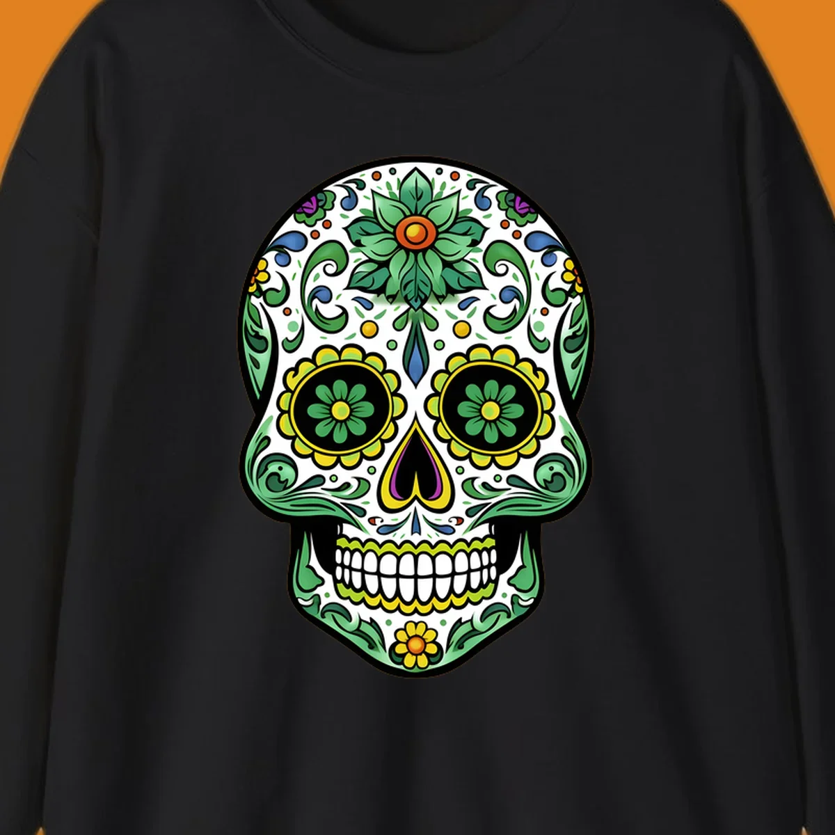 A colorful ornate calavera skull illustration with green leaves, yellow flowers, and purple and blue accents.