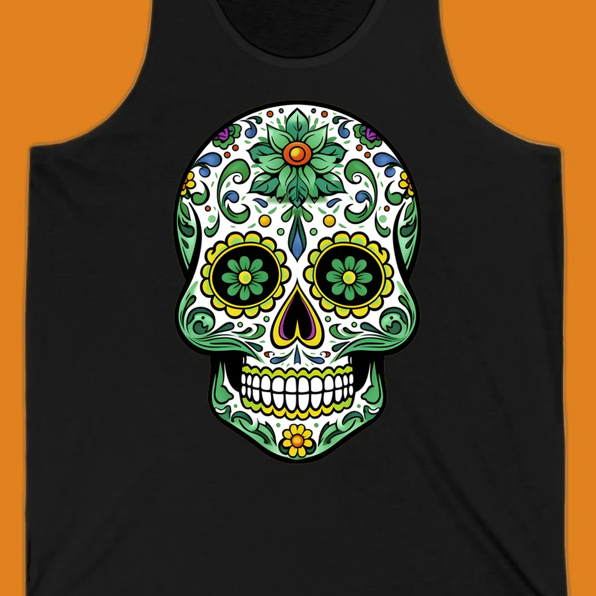 A colorful ornate calavera skull illustration with green leaves, yellow flowers, and purple and blue accents.