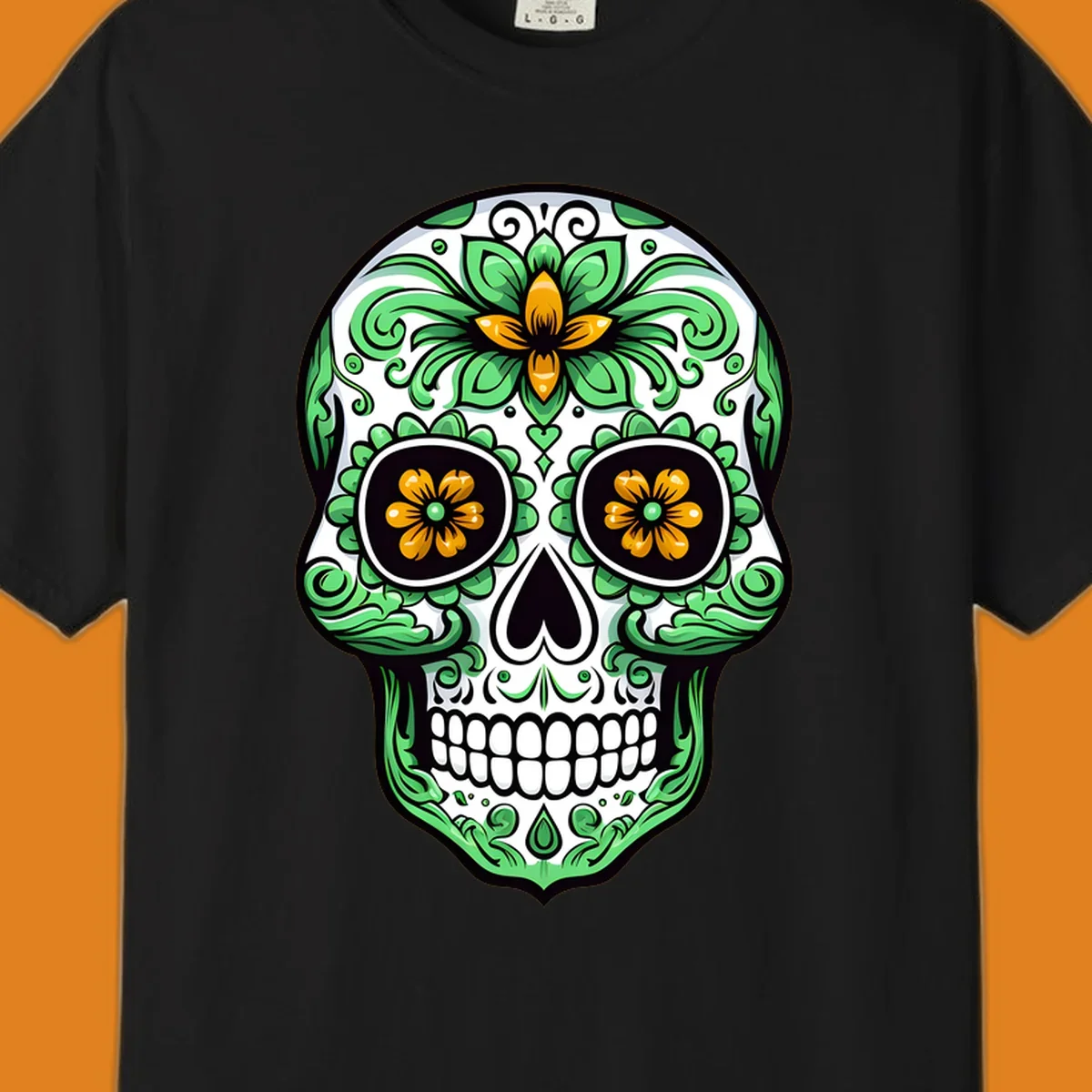 An ornate floral calavera skull illustration with green leaves and yellow flowers against a white background.