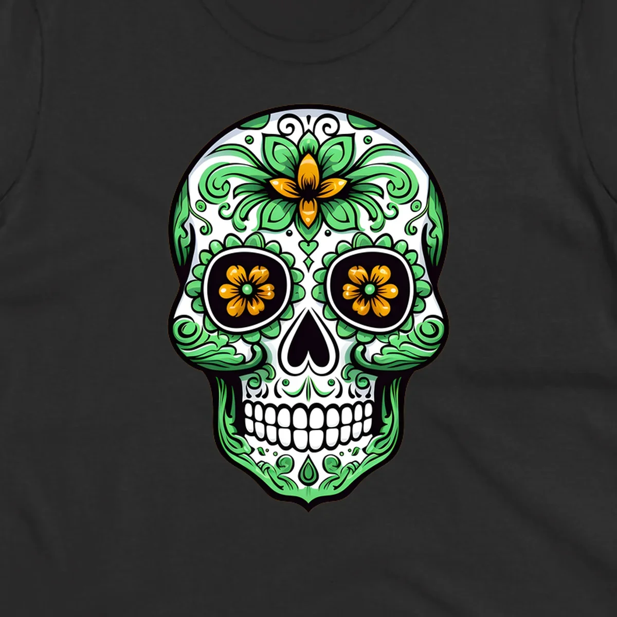 An ornate floral calavera skull illustration with green leaves and yellow flowers against a white background.