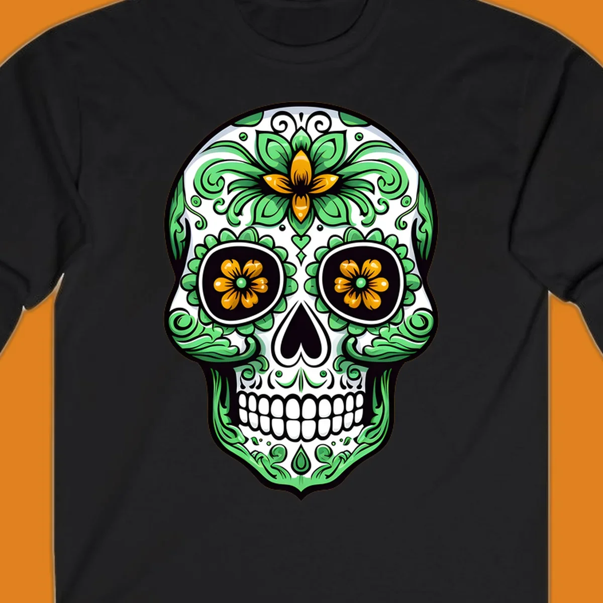 An ornate floral calavera skull illustration with green leaves and yellow flowers against a white background.