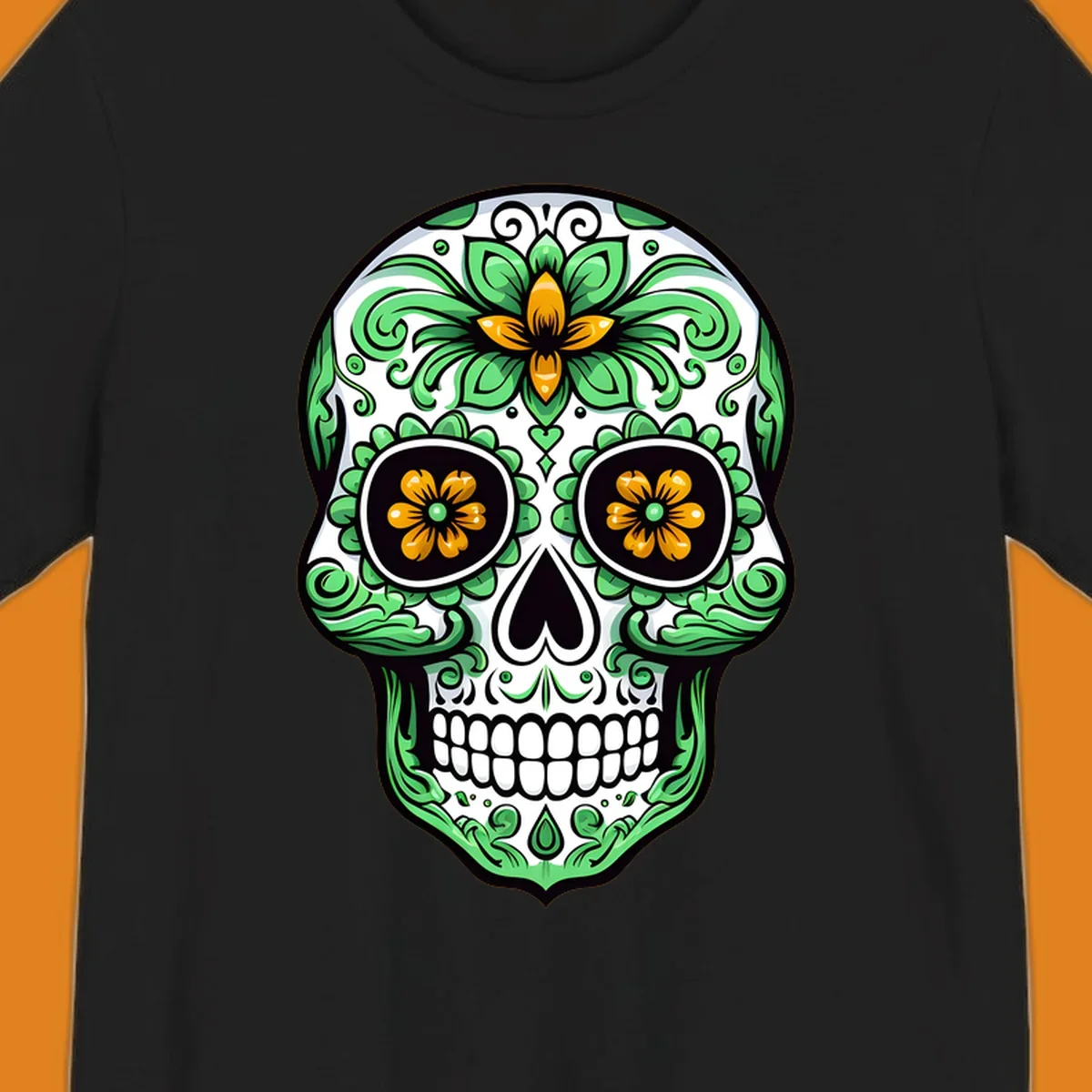 An ornate floral calavera skull illustration with green leaves and yellow flowers against a white background.
