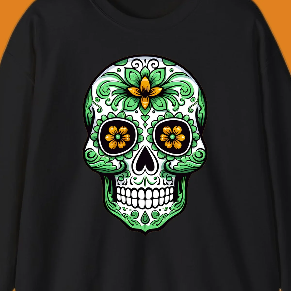 An ornate floral calavera skull illustration with green leaves and yellow flowers against a white background.