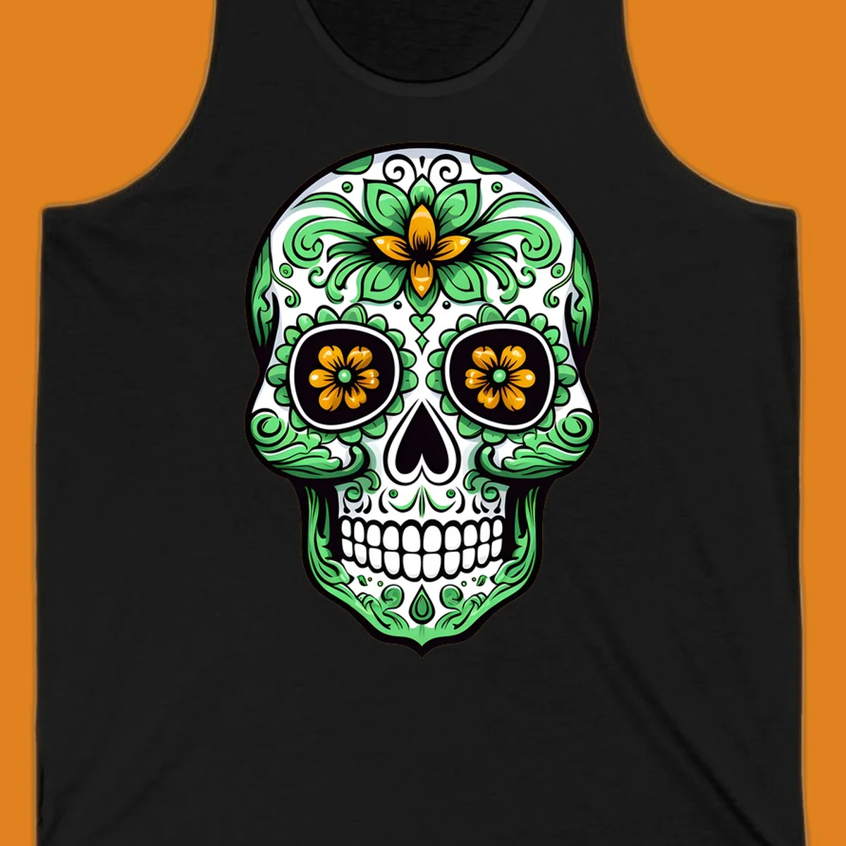An ornate floral calavera skull illustration with green leaves and yellow flowers against a white background.