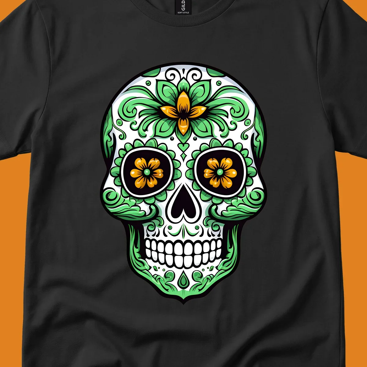 An ornate floral calavera skull illustration with green leaves and yellow flowers against a white background.