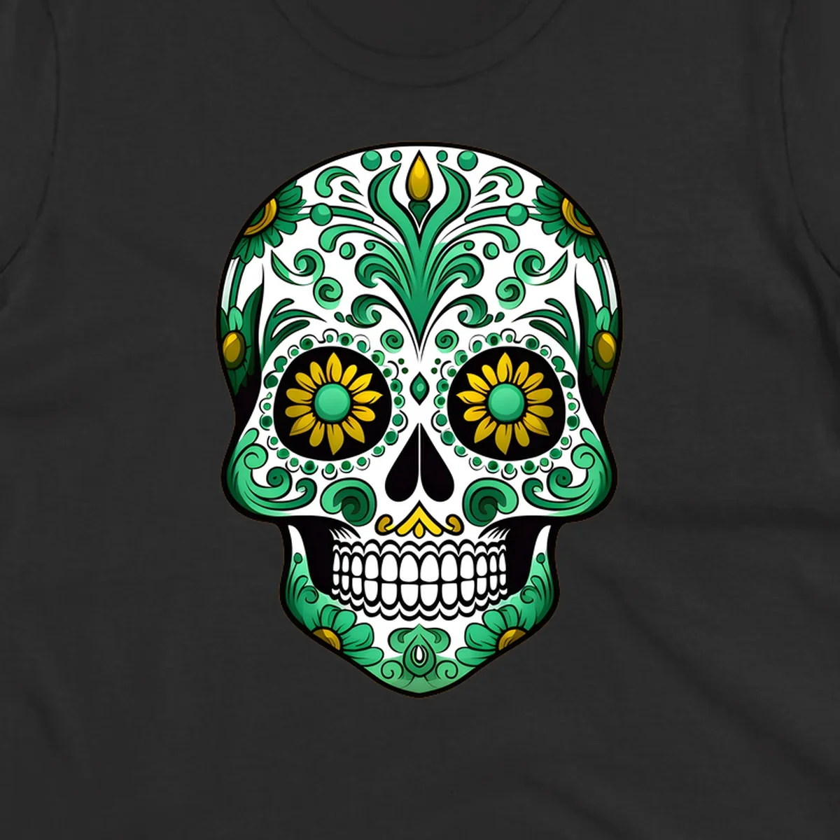 A vibrant green-gold-floral-calavera sugar skull with intricate scrollwork, yellow flowers for eyes, and gold accents.