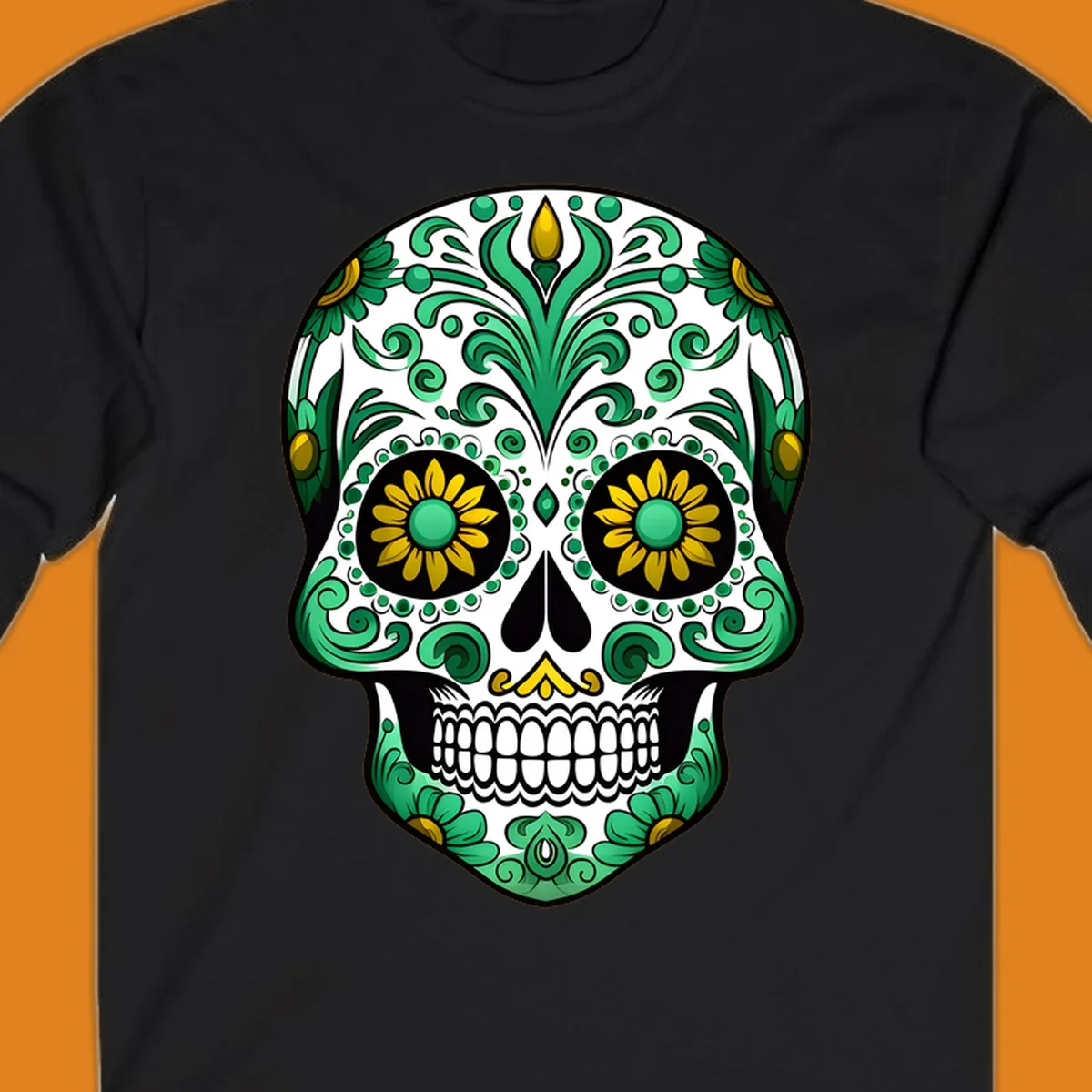 A vibrant green-gold-floral-calavera sugar skull with intricate scrollwork, yellow flowers for eyes, and gold accents.