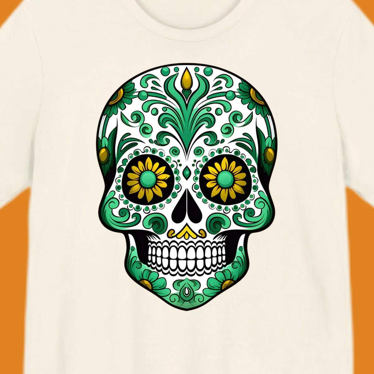 A vibrant green-gold-floral-calavera sugar skull with intricate scrollwork, yellow flowers for eyes, and gold accents.