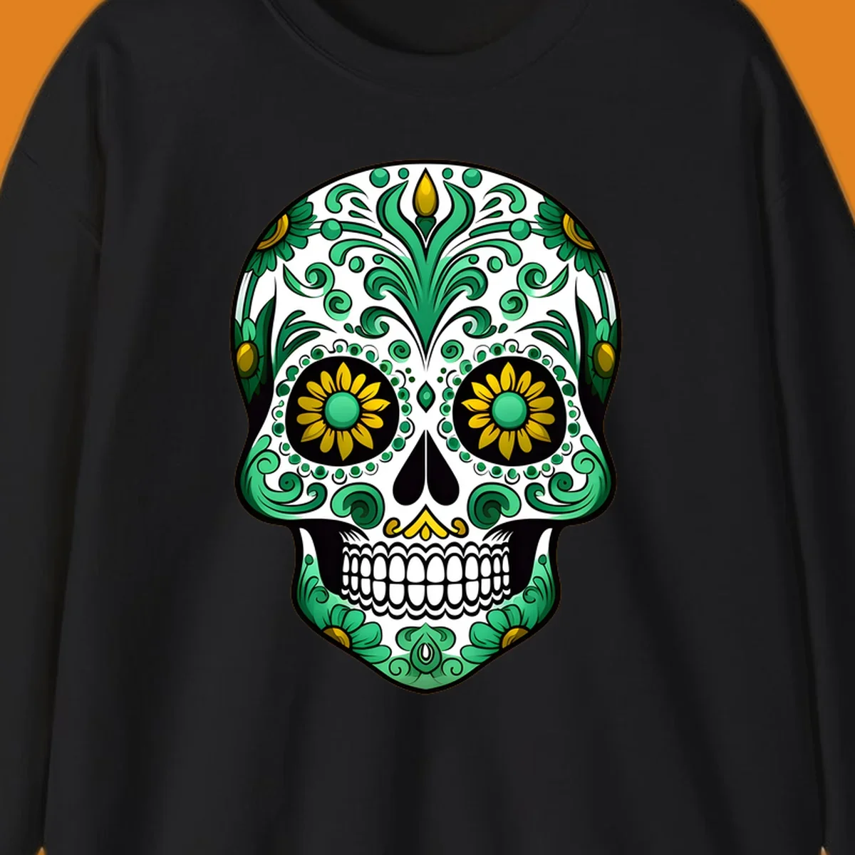 A vibrant green-gold-floral-calavera sugar skull with intricate scrollwork, yellow flowers for eyes, and gold accents.