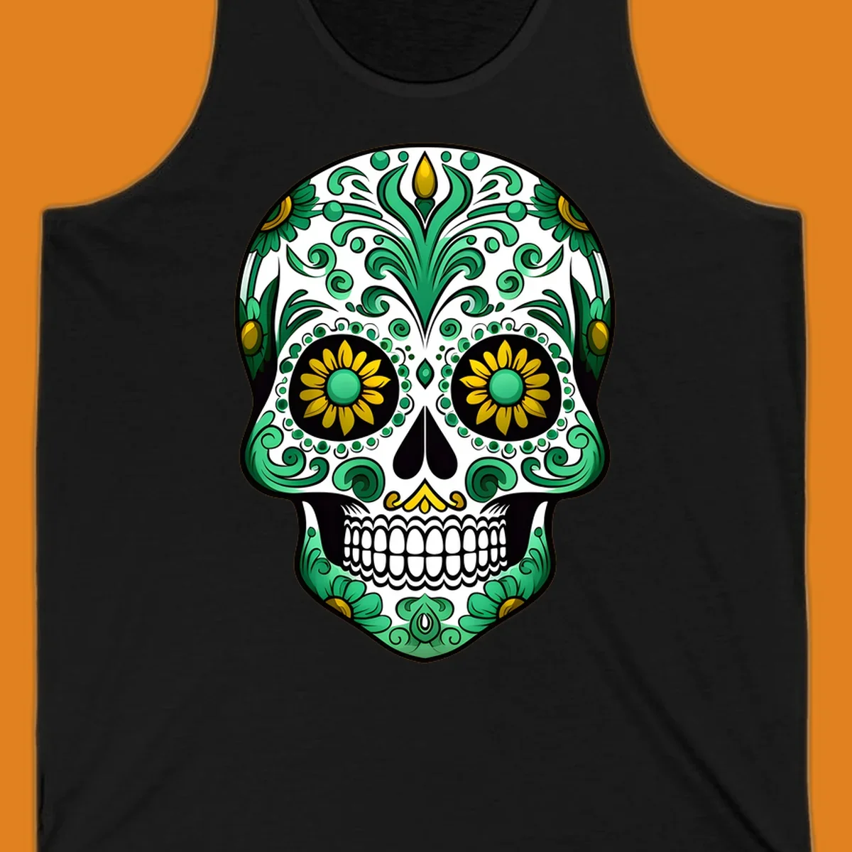 A vibrant green-gold-floral-calavera sugar skull with intricate scrollwork, yellow flowers for eyes, and gold accents.