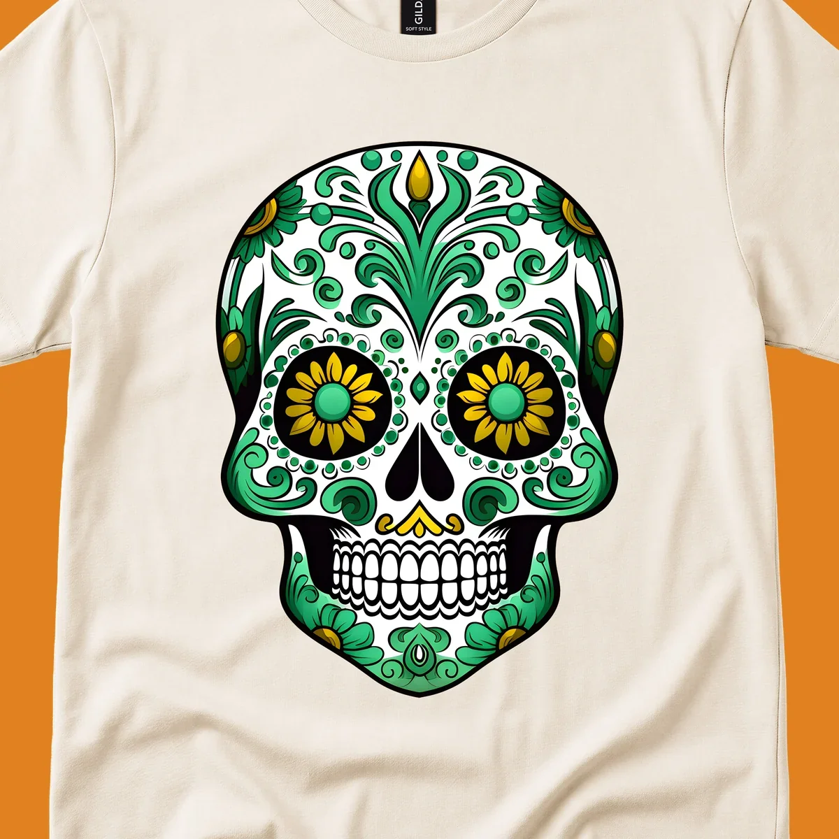A vibrant green-gold-floral-calavera sugar skull with intricate scrollwork, yellow flowers for eyes, and gold accents.