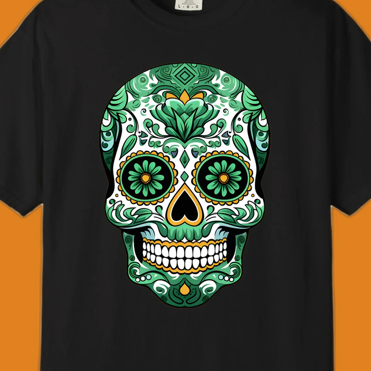 An intricate green floral sugar skull, or calavera, with gold accents and black features, adorned with detailed patterns.