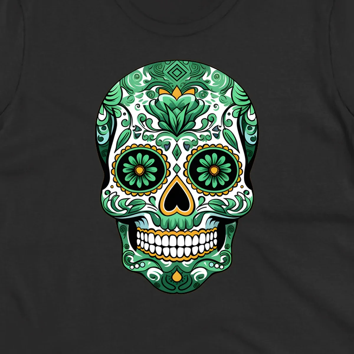 An intricate green floral sugar skull, or calavera, with gold accents and black features, adorned with detailed patterns.
