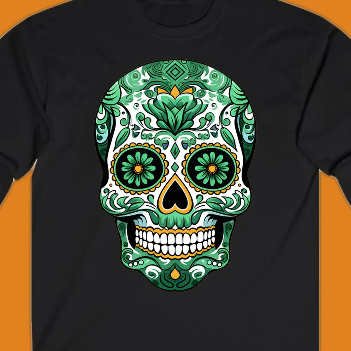 An intricate green floral sugar skull, or calavera, with gold accents and black features, adorned with detailed patterns.