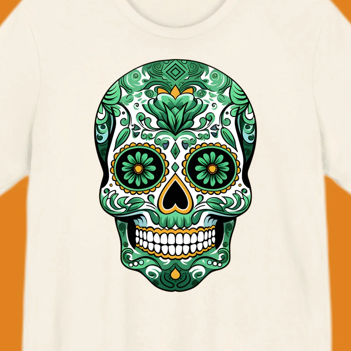 An intricate green floral sugar skull, or calavera, with gold accents and black features, adorned with detailed patterns.