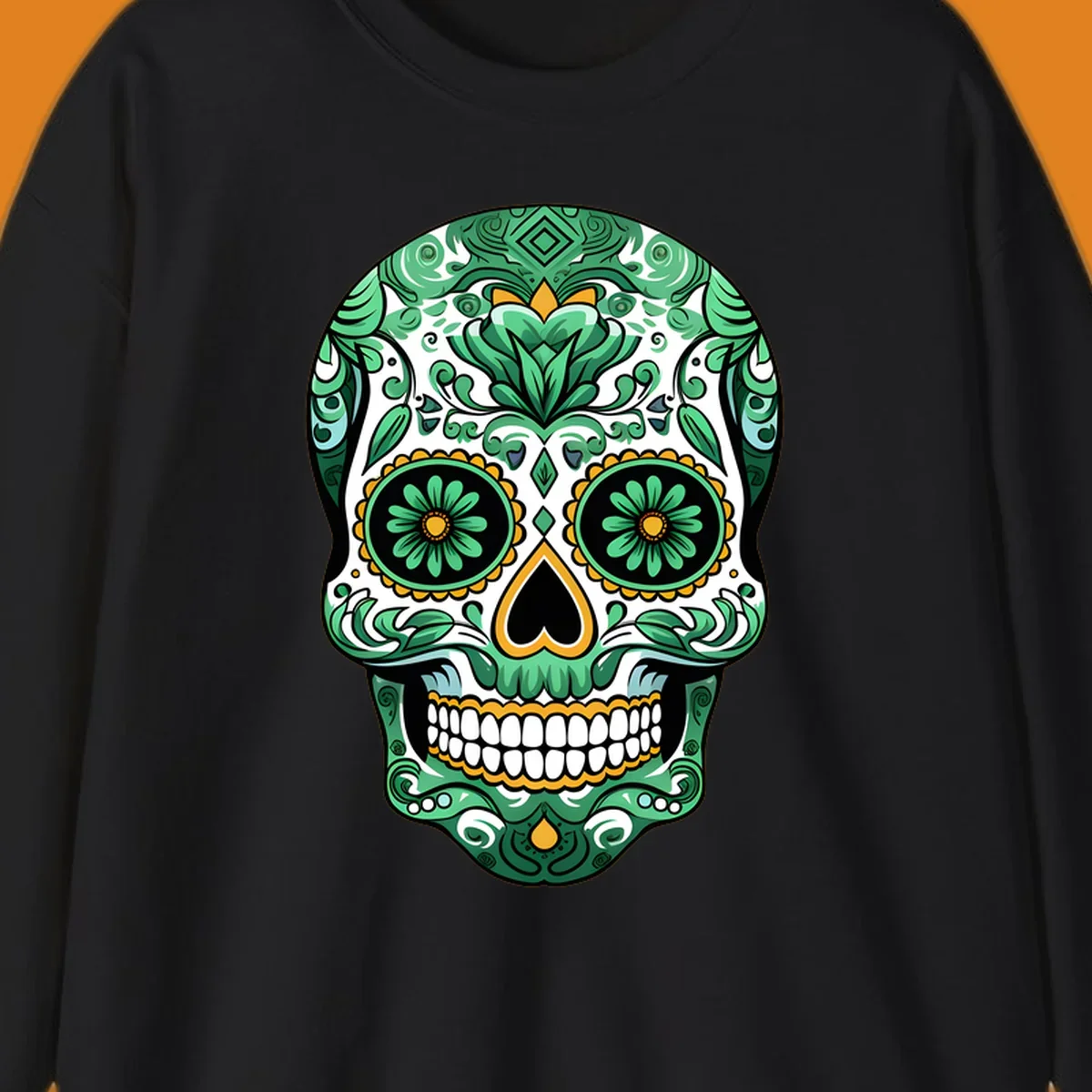 An intricate green floral sugar skull, or calavera, with gold accents and black features, adorned with detailed patterns.