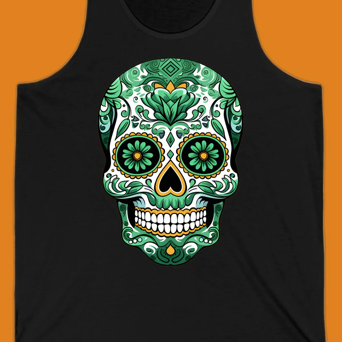 An intricate green floral sugar skull, or calavera, with gold accents and black features, adorned with detailed patterns.