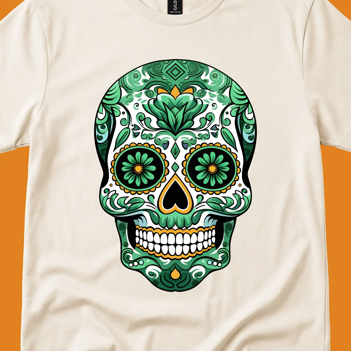 An intricate green floral sugar skull, or calavera, with gold accents and black features, adorned with detailed patterns.