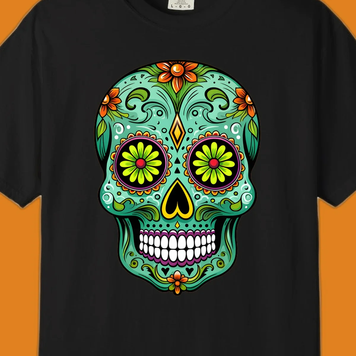 A vibrant floral sugar skull illustration in teal, orange, green, and pink, adorned with intricate patterns and flowers.