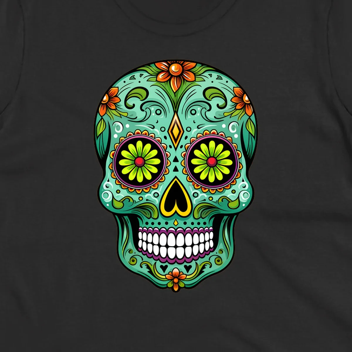 A vibrant floral sugar skull illustration in teal, orange, green, and pink, adorned with intricate patterns and flowers.