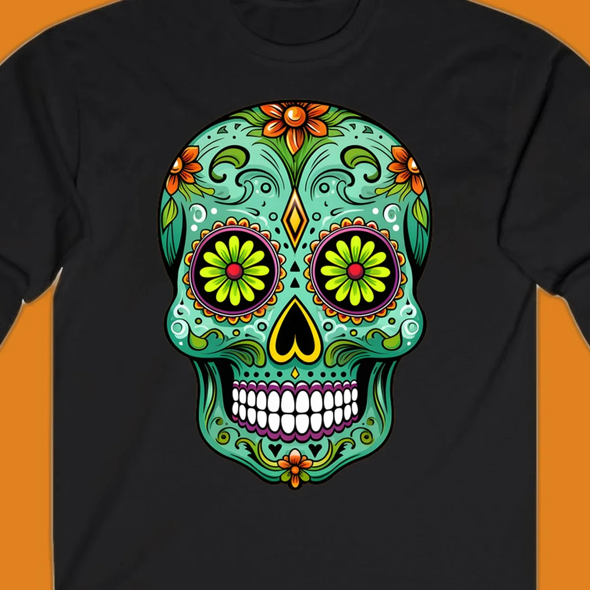A vibrant floral sugar skull illustration in teal, orange, green, and pink, adorned with intricate patterns and flowers.